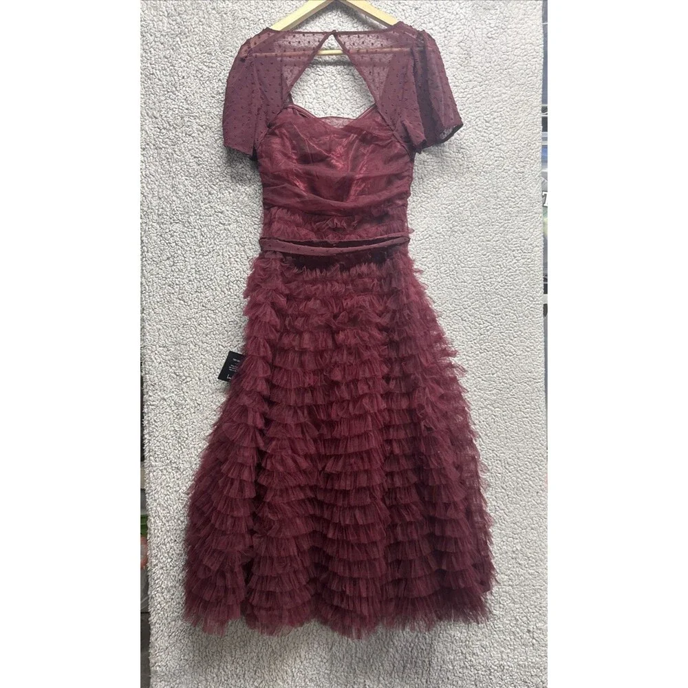 LULUS Elegant Red Wine Cocktail Dress Size S Dot Tullie Ruffles NWT - Picture 8 of 11